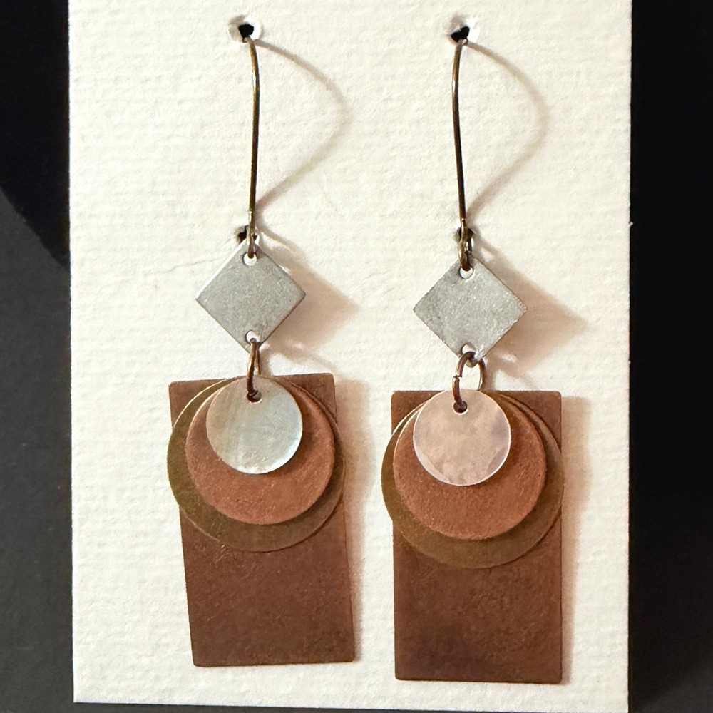 Mixed Metal Geometric‎ Layered Drop Earrings Copper Brass Stephanie Aune Artist